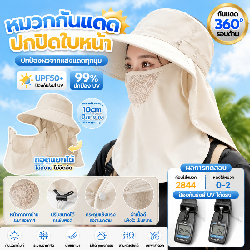COD หมวกกันแดด หมวก ปิดหน้า หมวกกันแดด ถอดแยกชิ้นได้ UPF50+ กันลม ป้องกัน UV เหมาะสำหรับตกปลาและทุกกิจกรรมกลางแจ้ง