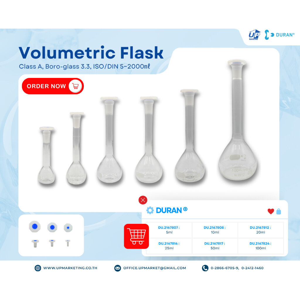DURAN® Volumetric Flask ขวดแก้วปรับปริมาตร (Class A) 5ml -100ml.