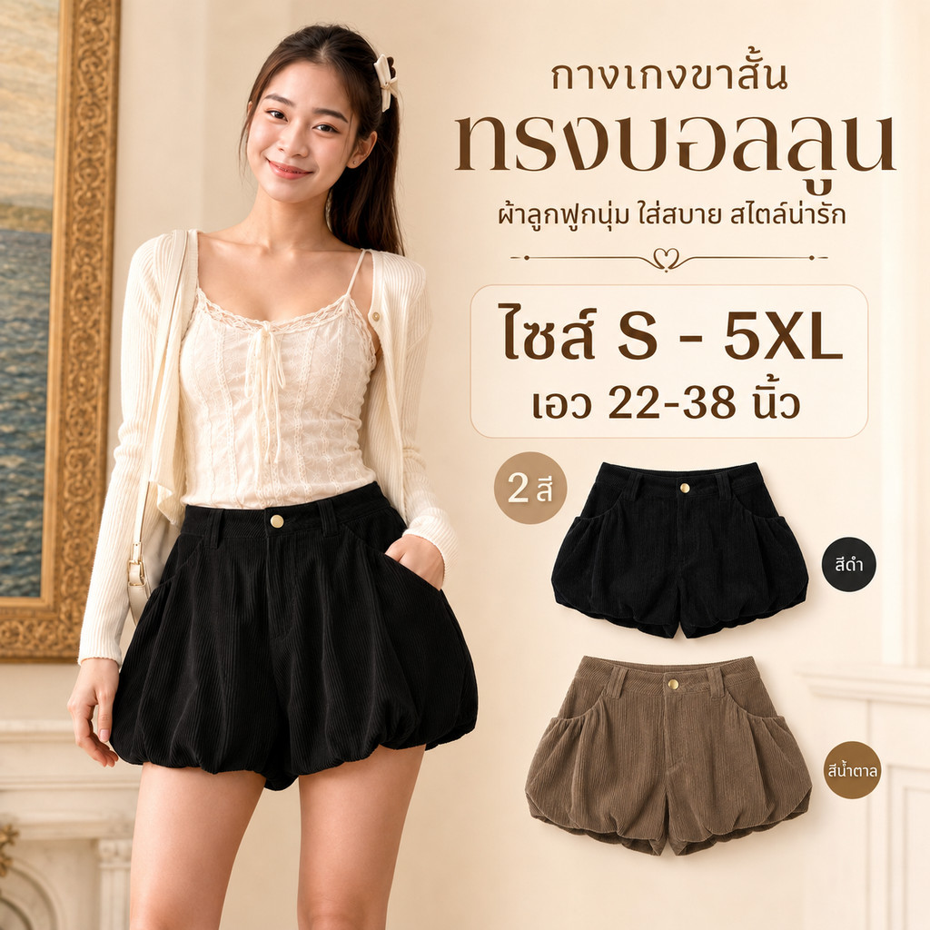 กางเกงขาสั้นผ้าลูกฟูกทรงบอลลูน S-5XL ใส่แล้วขาเรียวเล็กทันที! เอวสูงปรี๊ดปิดพุง หุ่นอวบหรือหุ่นทั่วไปก็ใส่สวยสับ