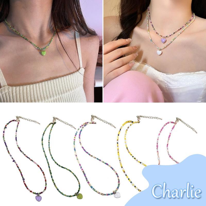 Char Bohemian Beaded Necklace Summer Rice Bead Love- Necklace Hawaii Beach Necklace
