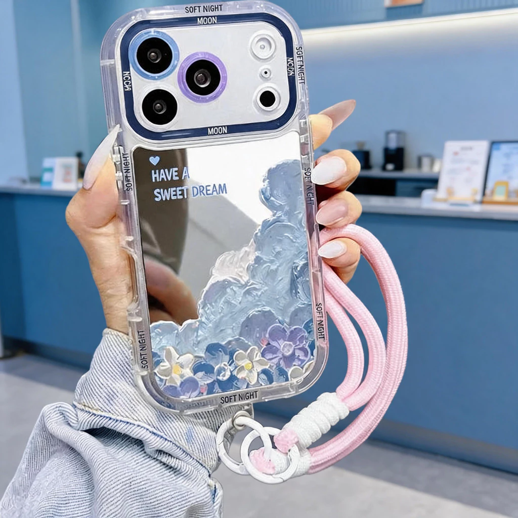เคสไอโฟน ป้องกันเลนส์ ลายภาพวาดสีน้ำมันดอกไม้สีฟ้า มีขาตั้ง แถมสายคล้องชมพู iPhone11 13 15 17ProMax พร้อมส่งJHJMNYK83