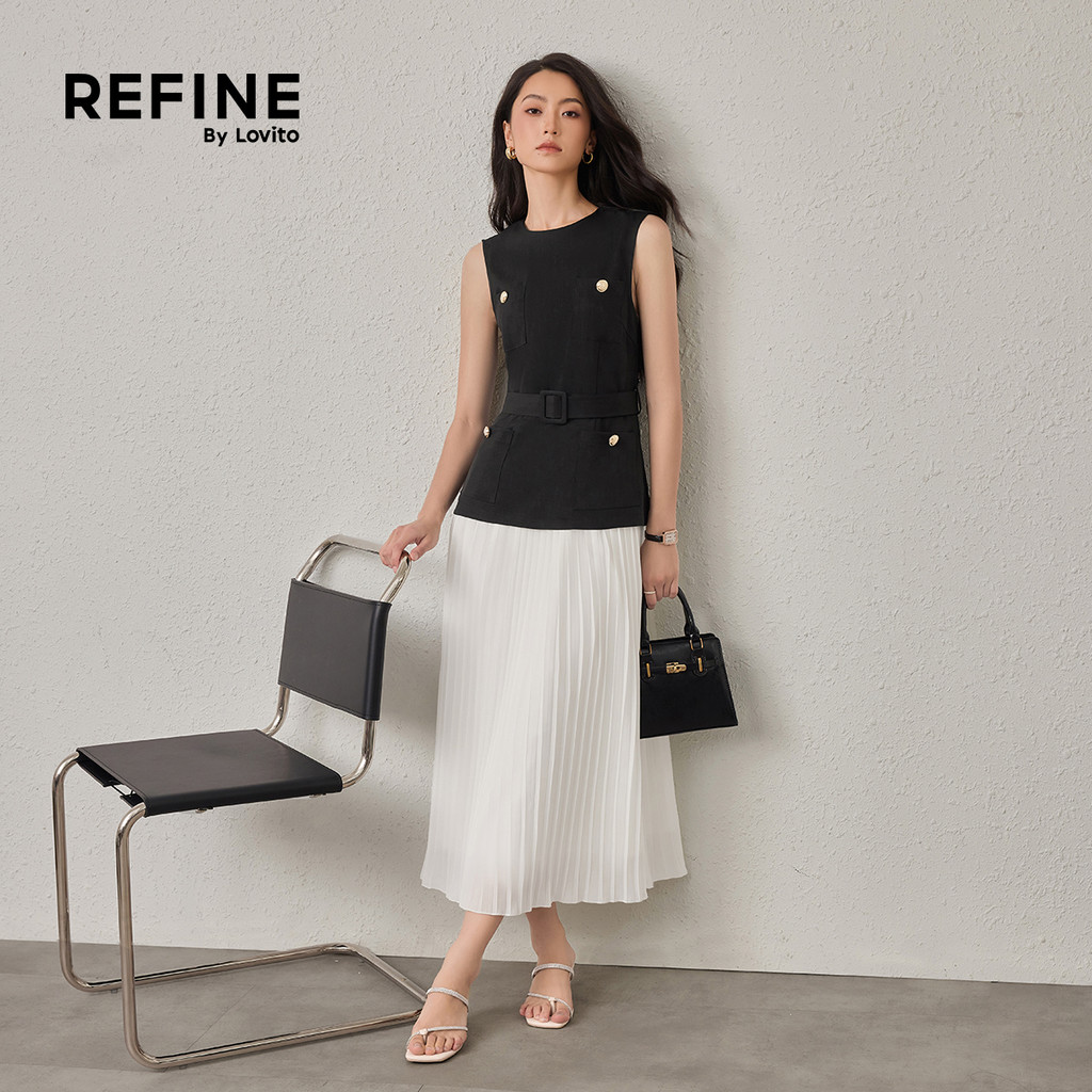 (Refine by Lovito)เดรสทำงาน ผ้าชิฟฟอน เทียมสองชั้น ต่อผ้า มีกระเป๋า เดรสผู้หญิง ฤดูใบไม้ผลิ-ฤดูร้อน DRR42P1D047 — صورة 5