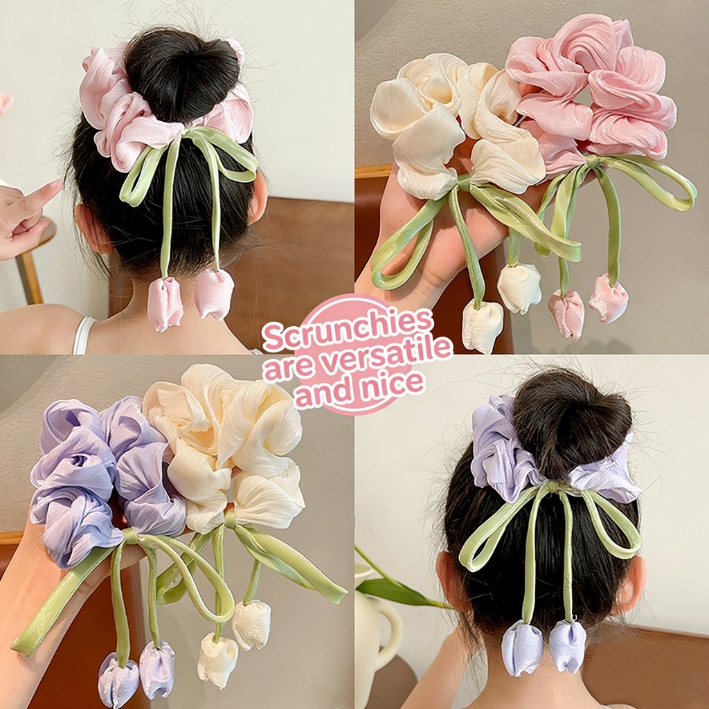 3 ชิ้นหวานทิวลิป Scrunchies ยืดหยุ่นผม Tie ชุดสําหรับผู้หญิงและเด็กดอกไม้อุปกรณ์เสริมผมสําหรับทุกวัน/ปาร์ตี้ใช้