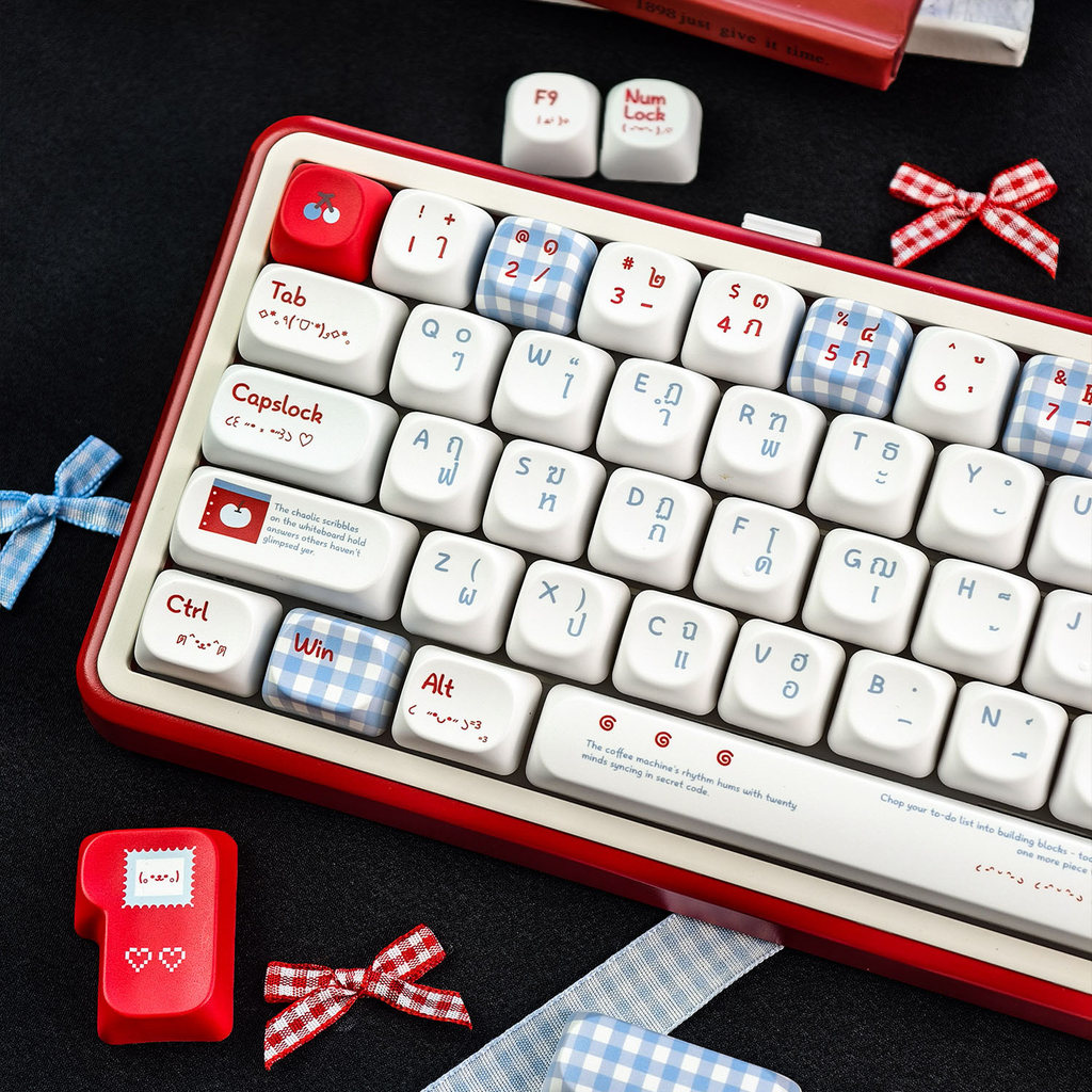 MAIMOOO Kawaii Emoji Thai Keycap 120 คีย์ Cherry/MOA Profile PBT Dye Sublimation Aula F75 น่ารักรอบลายสก๊อตสีฟ้า Keycaps Creative การ์ตูนผลไม้ Kaomoji EN/TH Keycap