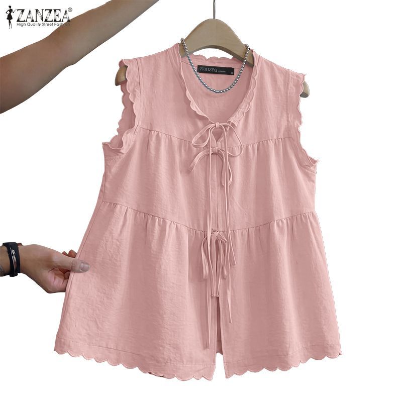 ZANZEA ผู้หญิงเกาหลีหวานอ่อนโยนเก๋ลูกเรือคอ Double Tie-Up แขนกุดขอบลูกไม้ A-Line Tanks