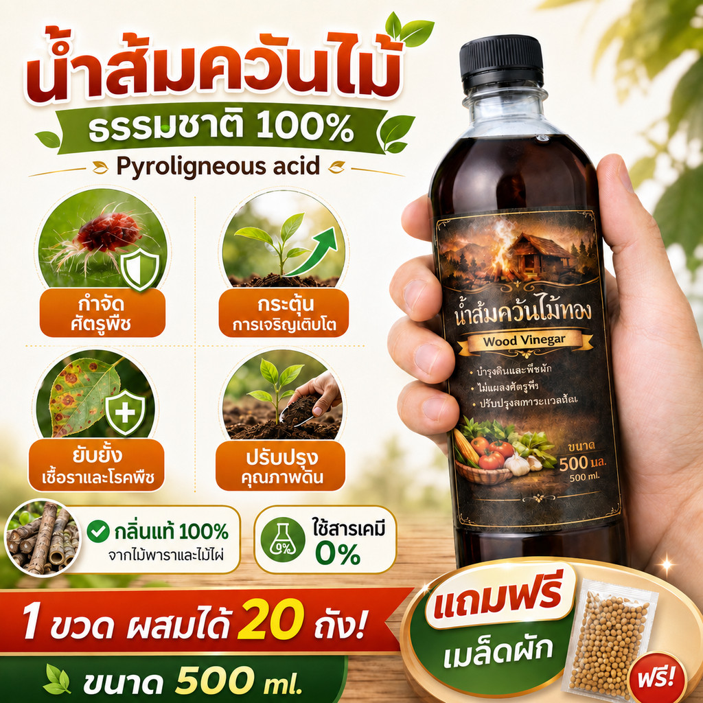 น้ำส้มควันไม้ ปลอดภัย ไร้สารเคมี 100% (500ml) สรรพคุณรวม ไล่แมลง ศัตรูพืช ดับกลิ่น บำรุงดิน แถมฟรีเมล็ดผัก