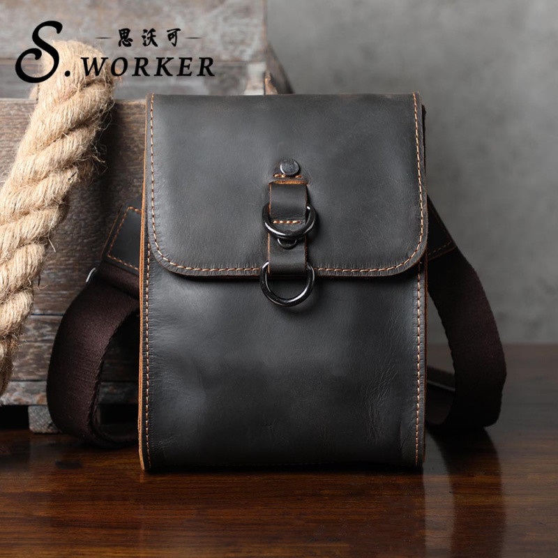 M] SWOCK กระเป๋าสะพายหนังวัวชั้นแรก Crazy Horse หนัง Messenger กระเป๋าทุกวัน All-Match กระเป๋าโทรศัพ