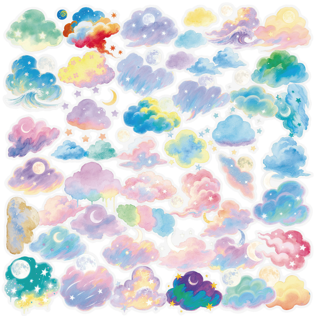 55 ชิ้นทาสีเมฆที่มีสีสัน PET พลาสติก Transpanrent สติ๊กเกอร์กันน้ํา