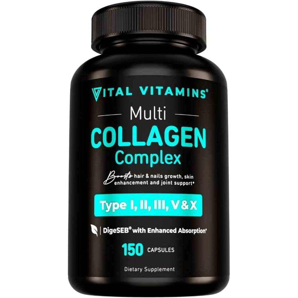 Vital Vitamins Men Women Multiple Collagen-Type 1, Type 2/3/5, Type-Grass Fed, Non-Genetic-150 Capsu