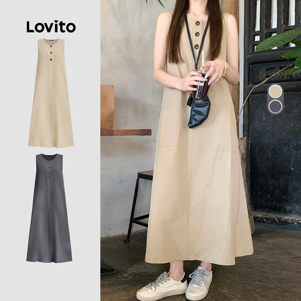 Lovito ชุดเดรสแฟชั่นแคชชวลแบบมีปุ่มสำหรับฤดูใบไม้ผลิ/ฤดูร้อน สีครีมอ่อน สำหรับผู้หญิง เกาหลี อินเทรนด์ L159AD070