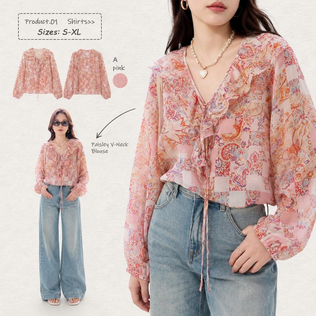 Chili Koko เสื้อแขนยาวผ้าชีฟองลายดอกไม้สีชมพูสำหรับผู้หญิง สไตล์ใหม่สำหรับฤดูร้อน เสื้อคอวีระบาย 99510