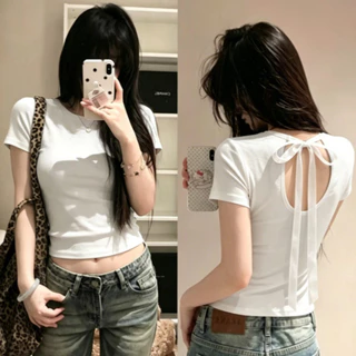 Bella Shop เสื้อยืดสั้นแขนสั้น คอปกหลังโบว์ ยืดได้ กระชับรูปร่าง สวยแซ่บ สไตล์มินิมอล