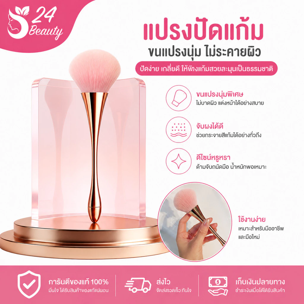 แปรงแต่งหน้า ด้ามจับยาว สําหรับปัดแก้มขนาดใหญ่ ด้ามเรียว ขนนุ่ม ไม่บาดหน้า