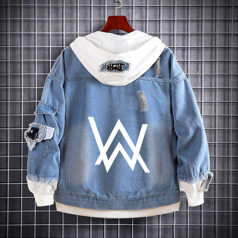 เสื้อฮู้ดเดนิม Alan Walker DJ เสื้อแจ็คเก็ตเดนิมสไตล์อิเล็กทรอนิกส์ Alan Walker แบบสองชิ้นหลอกตาสำหร