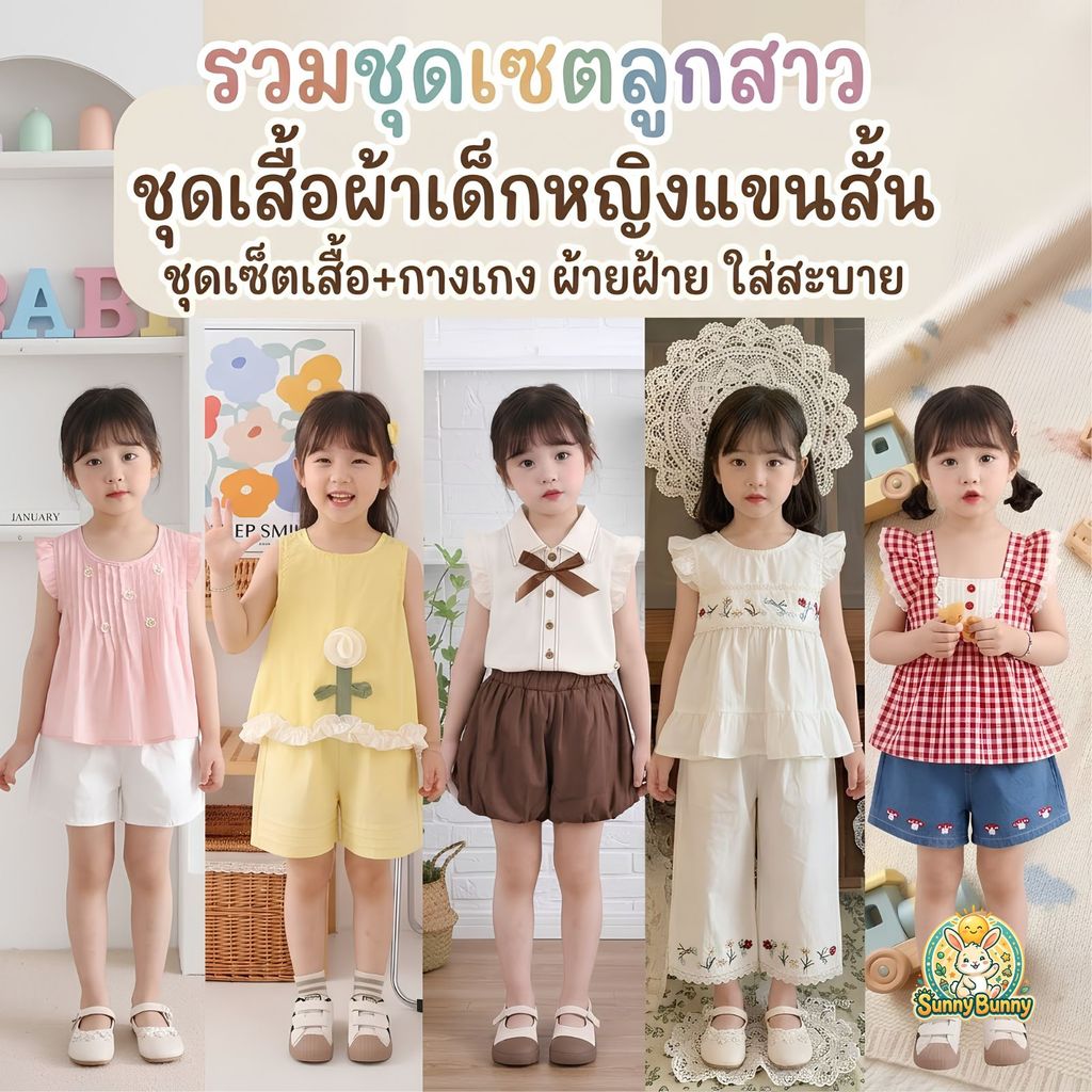 รวมชุดเซตลูกสาว ชุดเสื้อผ้าเด็กหญิงแขนสั้น ชุดเช็ตเสื้อ+กางเกง สำหรับเด็กหญิงน่ารักๆ ผ้ายฝ้าย ใส่สะบาย พร้อมส่งจากไทย