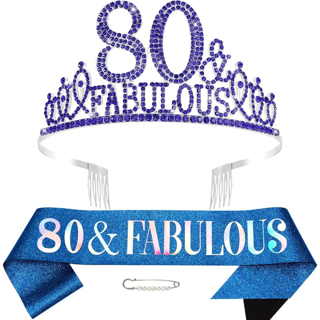 Royal Blue 80th Birthday Decoraions สําหรับผู้หญิง, 80th Birthday Sash และ Crown Happy 80 และ Fabulo