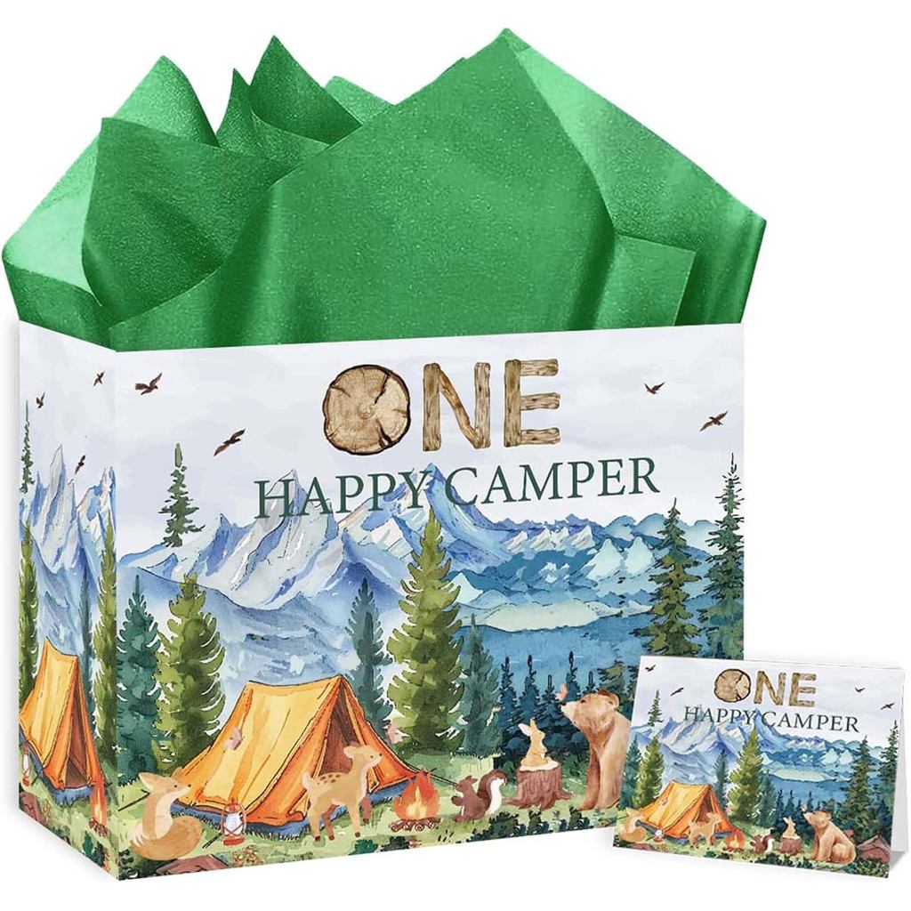 RTMISA One Happy Camper กระเป๋าของขวัญวันเกิดพร้อมกระดาษทิชชู่และการ์ดอวยพร หนึ่งปีของขวัญวันเกิดเด็