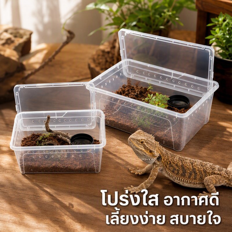 กล่องเลี้ยงสัตว์เลื้อยคลาน พลาสติกใส ฝาปิดแน่น ช่องระบายอากาศ Reptile Box M L สำหรับงู กบ จิ้งจก