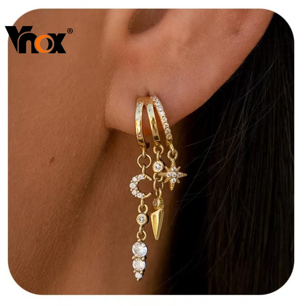 Vnox Gold สีไม่สม่ําเสมอ CZ Chain พู่ห้อยต่างหูผู้หญิง, Hypoallergenic อินเทรนด์อุปกรณ์เสริม