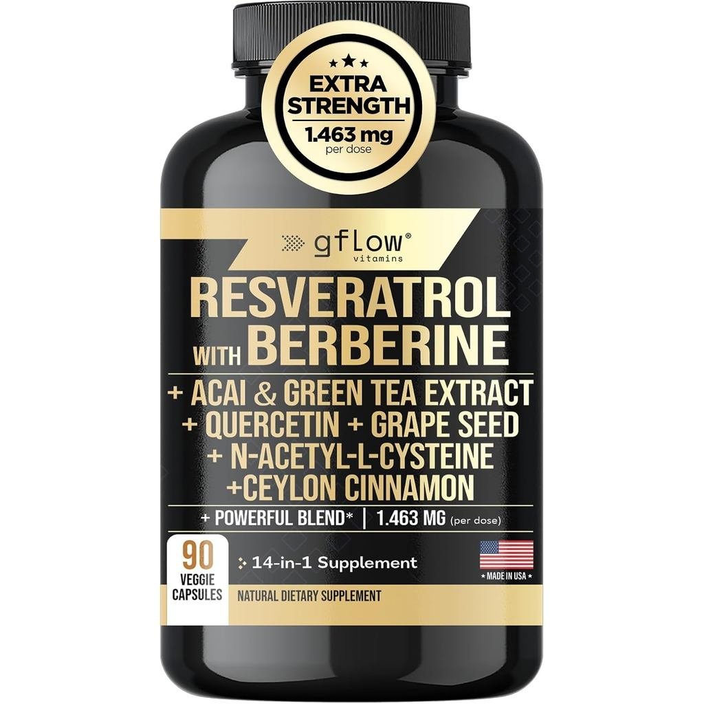GflowvitaminsResveratrolwithBerberineGreenTeaExtract,CeylonCinnamon,GrapeSeed&Quercetin1000mgQuercetin,NAcetylcysteine,Acai|100%,MaxStrength|ผลิตในประเทศสหรัฐอเมริกา HNJC