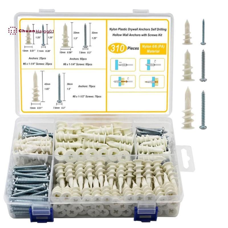 3 ขนาด Self Punching Drywall Anchors, 310PCS Nylon Plastic Wall Anchors และสกรูสําหรับ Drywall, ไม่ม