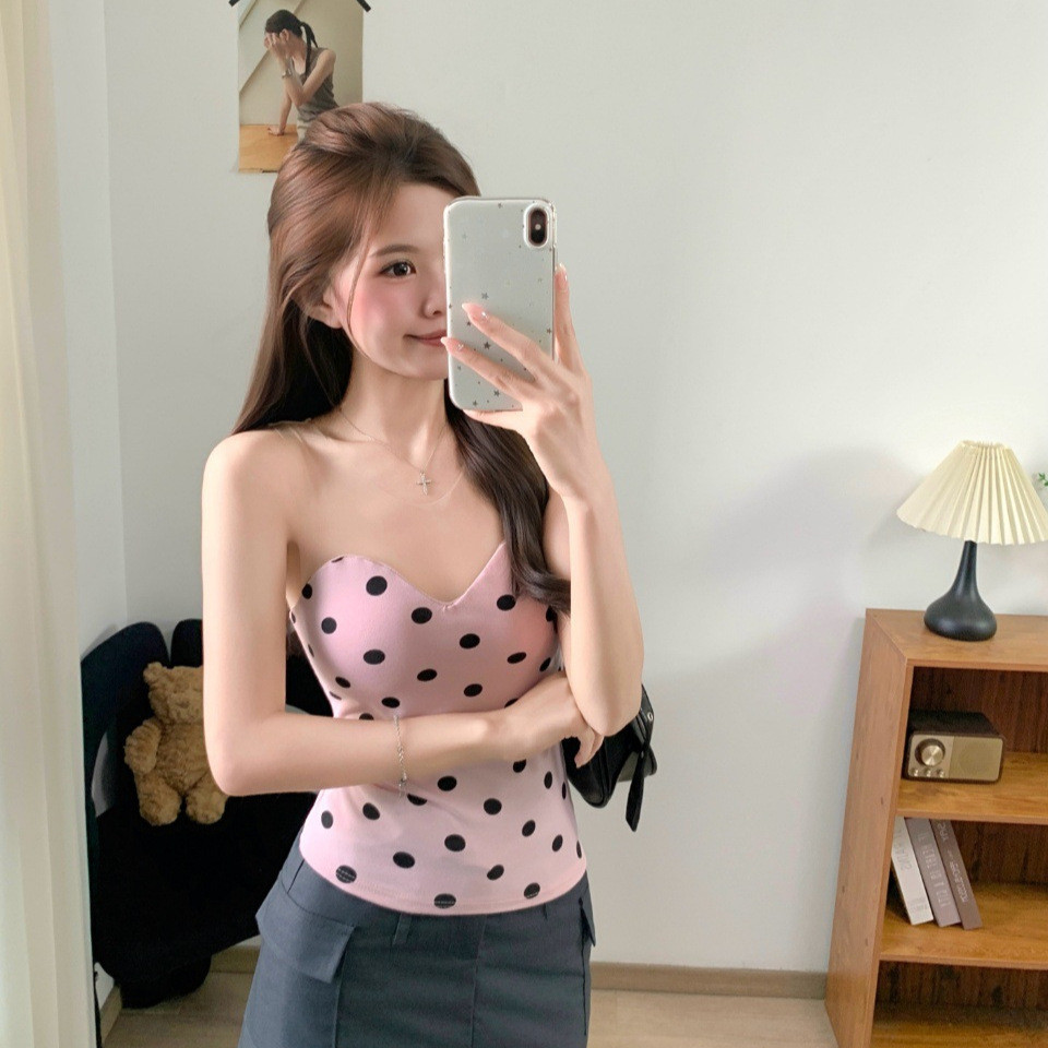 [สินค้าพร้อมสต็อก จัดส่งในวันเดียวกัน] ฤดูร้อนสไตล์ใหม่ผ้ากอซลายจุดพิมพ์เย็บเสื้อกั๊กผู้หญิงกับแผ่นหน้าอกด้านบน