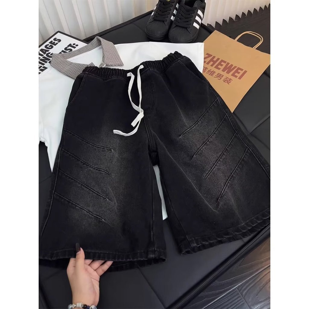 BOYUE BOYUE American vibe Drawstring Denim Shorts Youth Casual Washed Simple Fashion Five-point Pant