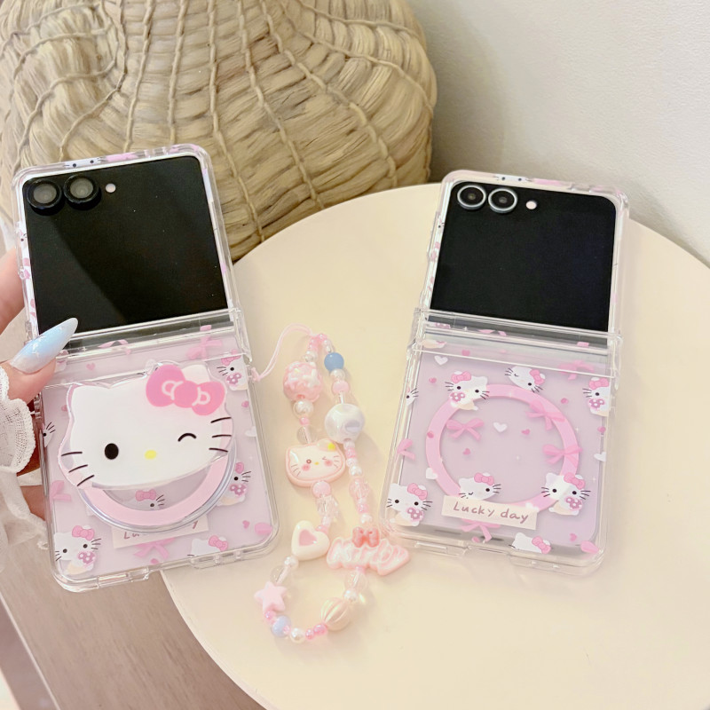 โบว์สีชมพู Hello Kitty วงเล็บแม่เหล็กสร้อยข้อมือเคสโทรศัพท์สําหรับ Samsung Z Flip 8 7 FE 5 6 ฝาครอบป้องกันบานพับ
