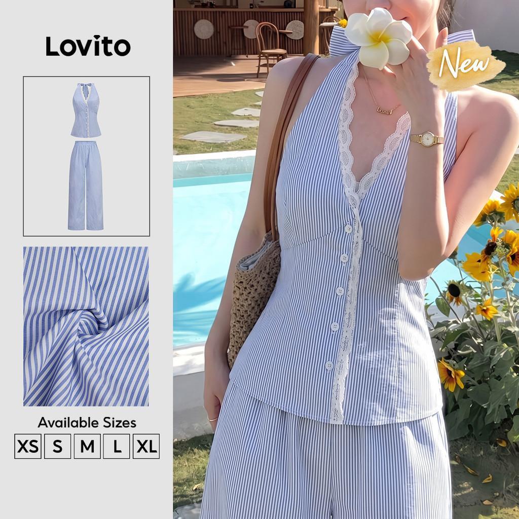 (New Arrival) Lovito เสื้อลําลองหรือกางเกงผู้หญิง คอกุหลาบ หลังเปิด สีฟ้าอ่อน เหมาะกับฤดูใบไม้ผลิ/ฤด