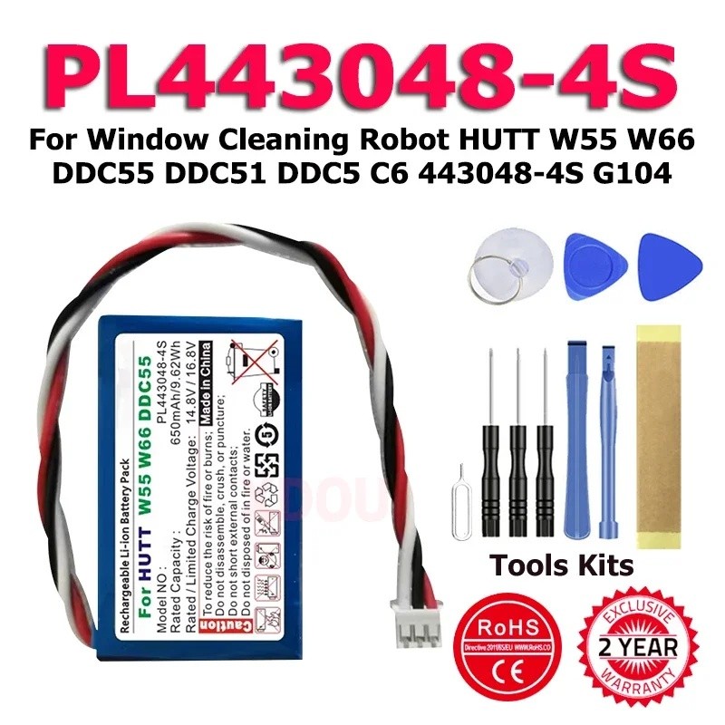 กรุณา443048-4S 14.8V 650mAh 11.84Wh ใหม่ Li-Ion แบตเตอรี่สําหรับทําความสะอาดหน้าต่างหุ่นยนต์ HUTT W5