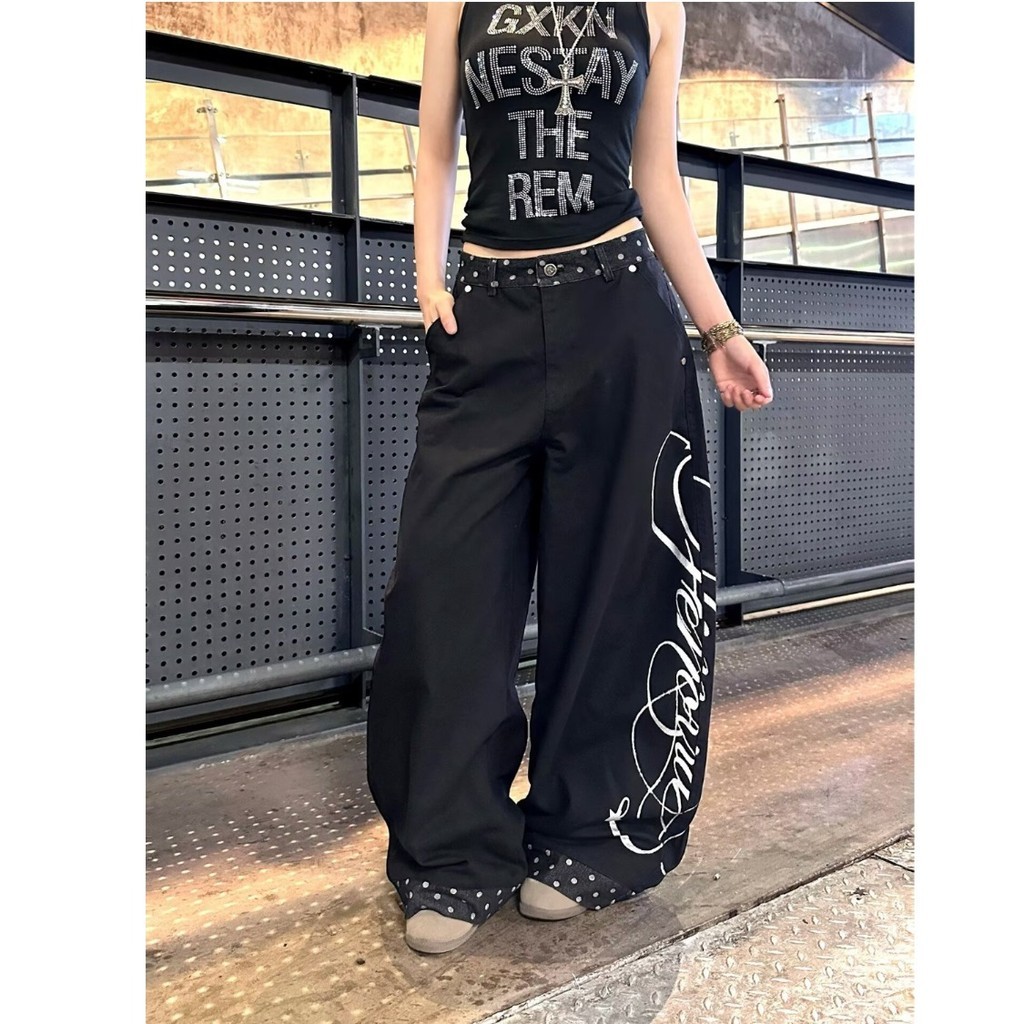 Letter Print Machete Jeans West Coast American Pants High Street Loose Straight Wide Leg Pants