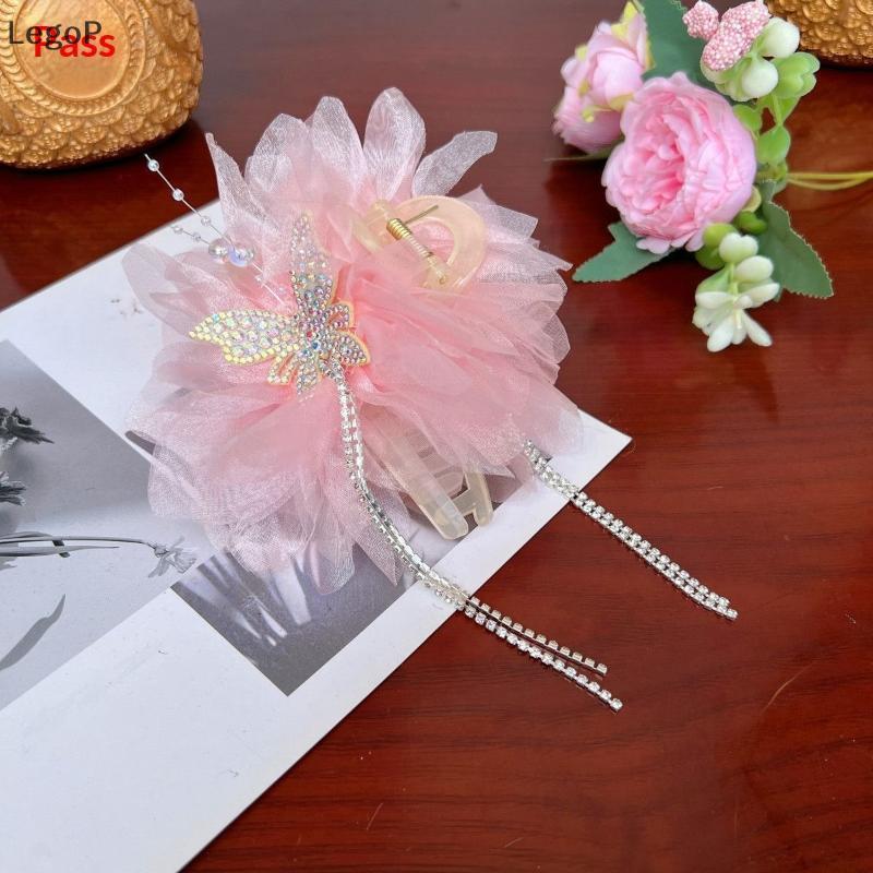 LegoP กิ๊บติดผม Soft Fluffy Tulle Rhinestone ผีเสื้อคริสตัล sel แฟชั่นเครื่องประดับผมกันลื่นสําหรับสาวหวานออกเดท (TH)