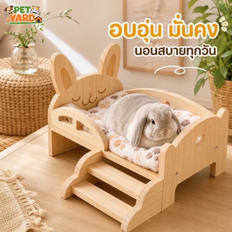 เตียงไม้กระต่าย บ้านกระต่าย พร้อมบันได เตียงสัตว์เลี้ยง ไม้ธรรมชาติ แผ่นรองนุ่ม ถอดซักได้