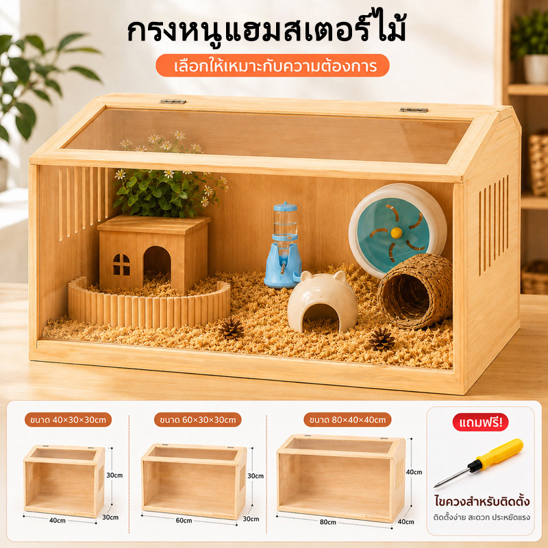 40/60/80ซม.กรงหนูแฮมสเตอร์ไม้🐹 ฮามสเตอร์ กรงสัตว์เลี้ยง โปร่งใส ไม้ ระบายอากาศและระบายอากาศ เหมาะสำหรับสัตว์ขนาดเล็ก