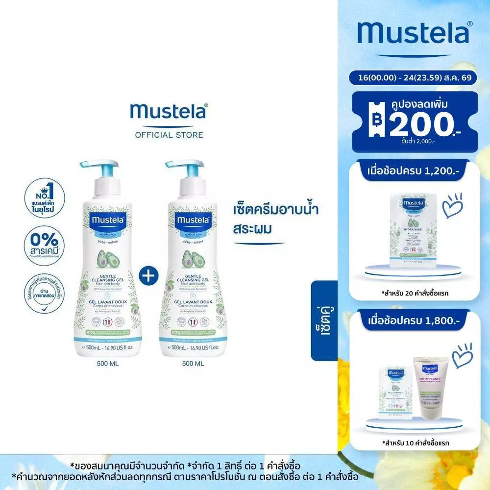 Mustela Baby Gentle Cleansing Gel 500ml X2 (อาบน้ำเด็ก, แชมพูเด็ก, ยาสระผมเด็ก, ของใช้เด็กอ่อน)