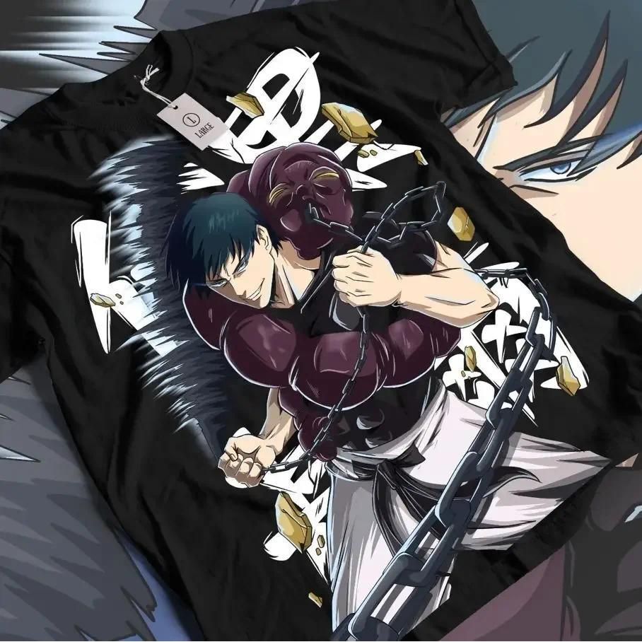 Jujutsu Kaisen Fushiguro Toji T‑shirt ลายกราฟิกตัวละครพร้อมอสูร สีดำ แขนสั้น รองรับหลายไซส์