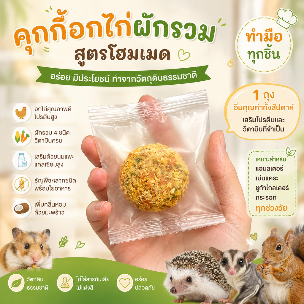 Hambit. คุกกี้อกไก่ผักรวม โฮมเมด ขนมแฮมสเตอร์ ชูการ์ เม่นแคระ กระรอก เสริมโปรตีนและนมแพะ (3g/ชิ้น)