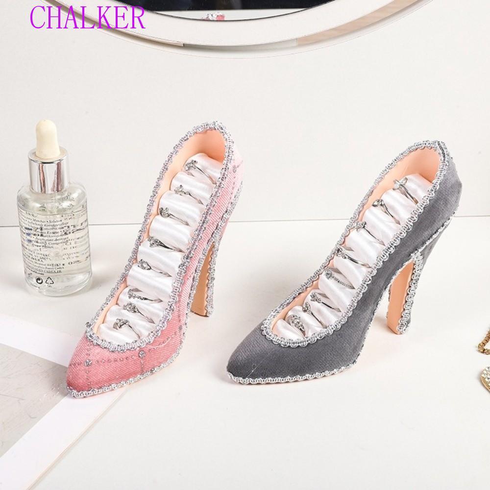 ที่วางเครื่องประดับรองเท้าส้นสูง CHALKER, Creative Pink Lace Jewelry Display Stand, Portable Floral Print Leopard Print Vintage Polka Dot Ring Holder อุปกรณ์ตกแต่ง