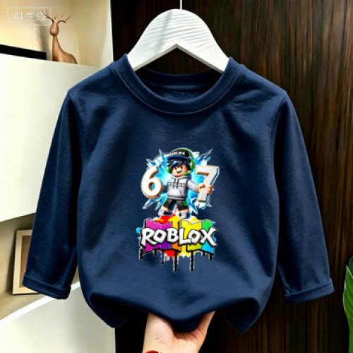 เสื้อยืดแขนยาวเด็กชายหกเจ็ดRoblox ขนาด 100-170 ผ้าไหมน้ําแข็งอเนกประสงค์โรงเรียน Moisture Wicking Li