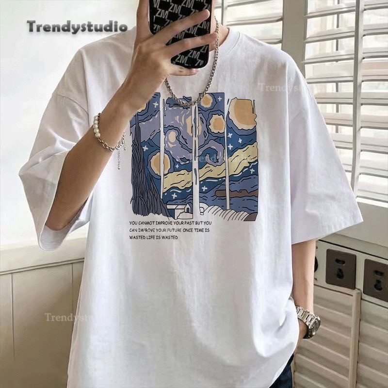 COD (พร้อมส่งจากกทม มาถึงใน 2วัน)  เสื้อยืดคอกลมผู้ชาย ทรงโอเวอร์ไซซ์ สไตล์เทรนด์ ลายกราฟิก สวมใส่ง่าย ฤดูร้อน