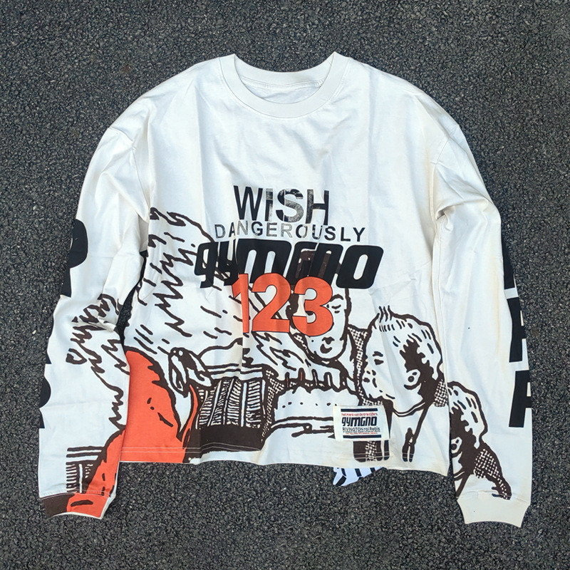 SNUU JERRY RRR123 Retro Washed Distressed Portrait Graffiti สโลแกนแขนยาว Bottoming เสื้อผู้ชาย
