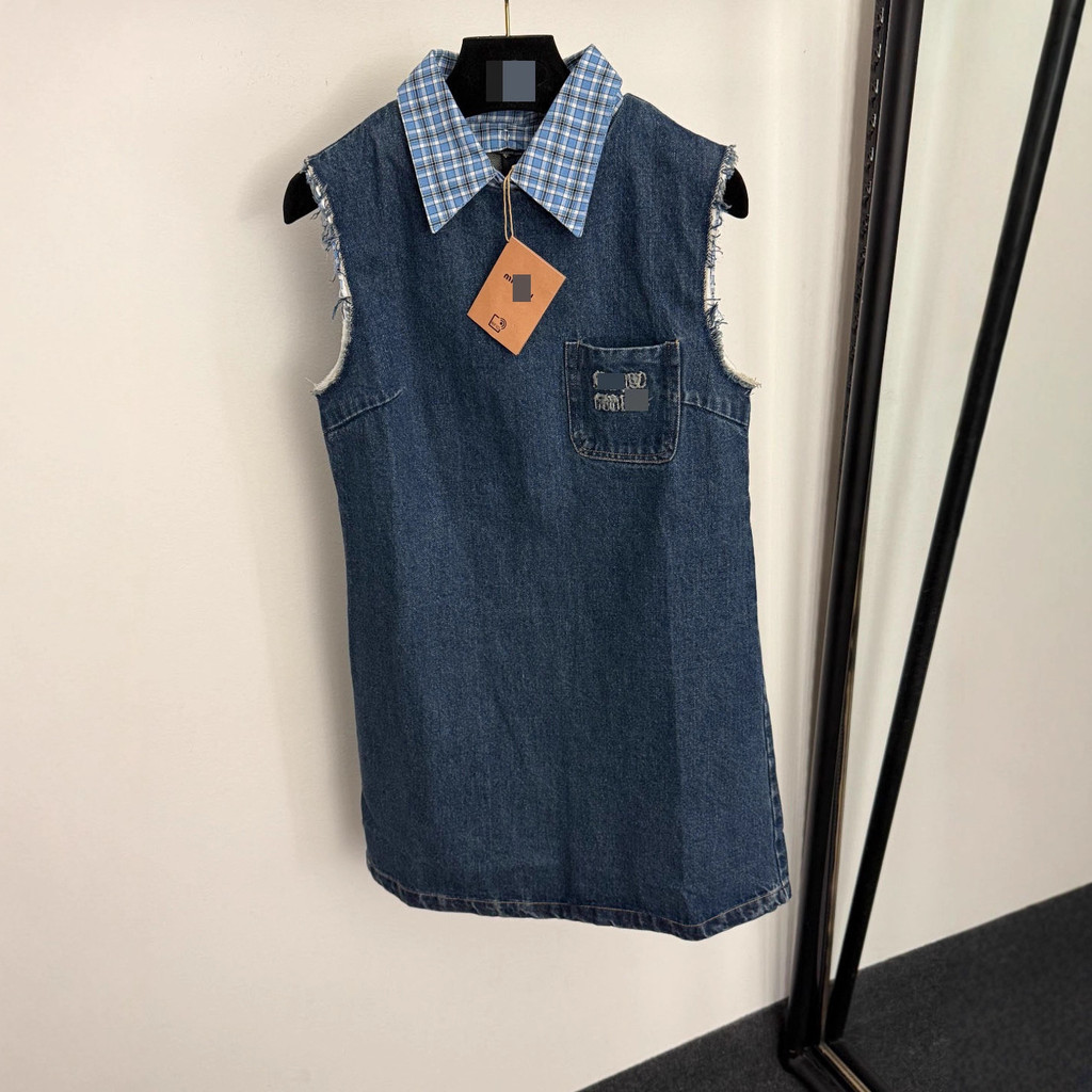 NB3P MMU * Classy หญิง Letter Check Stitching V คอ DENIM เสื้อกั๊กแจ็คเก็ตเอวสูง DENIM กระโปรงสั้น