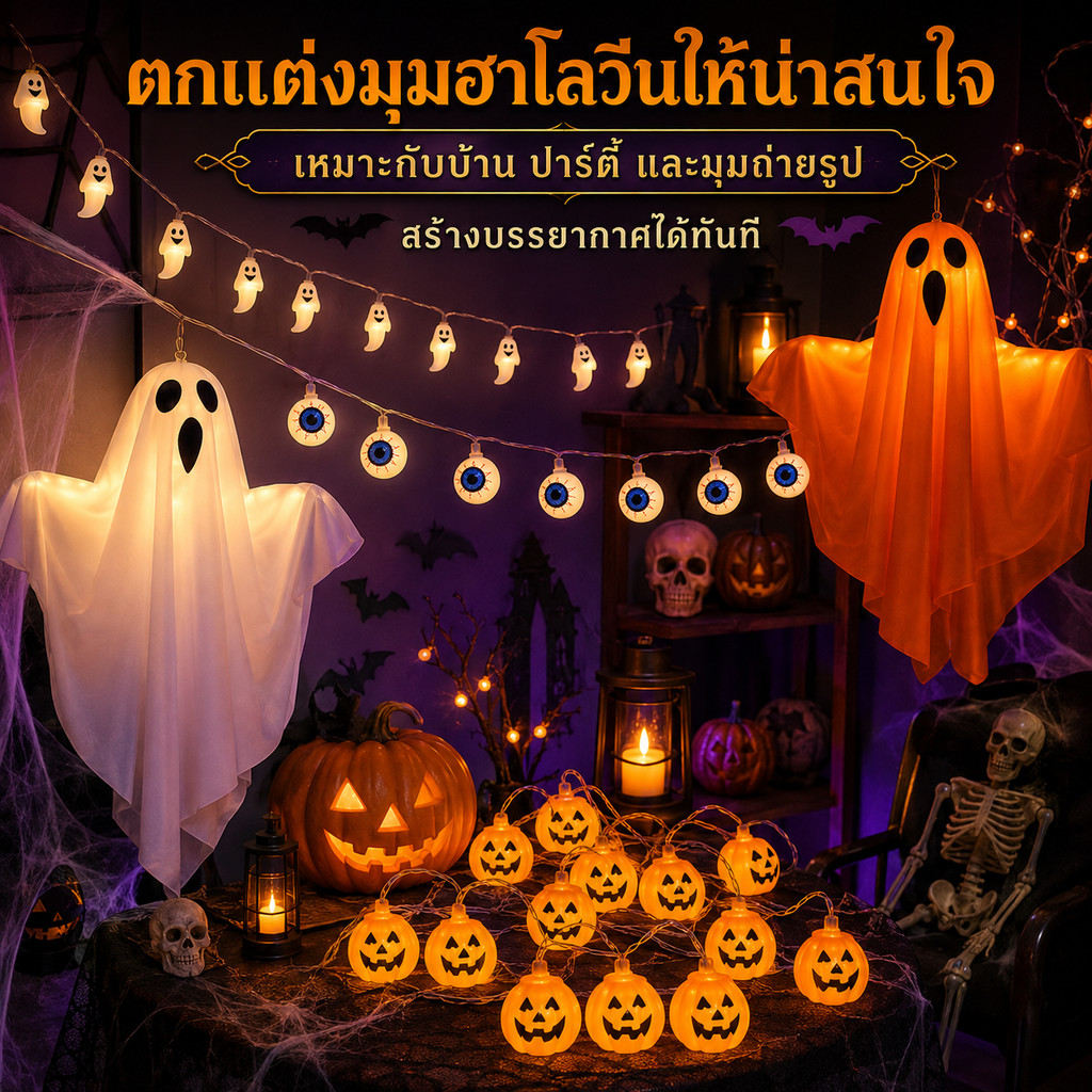จัดส่งที่รวดเร็ว โคมไฟฟักทองฮาโลวีน โคมไฟ เทียนจุด ตกแต่งปาร์ตี้ฮาโลวีน | เทียนLED | DIY String