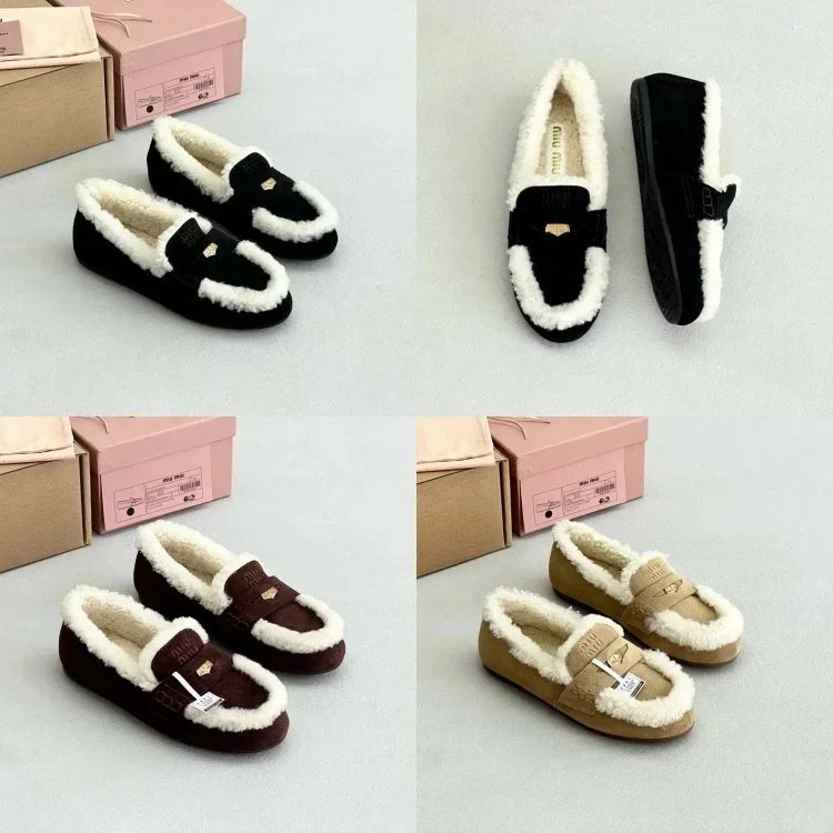 MiuMi MiuMi รองเท้าผู้หญิง Snow Boots Gold Coin รองเท้าโลฟเฟอร์ธุรกิจรองเท้าลําลอง Super Warm Wool ร
