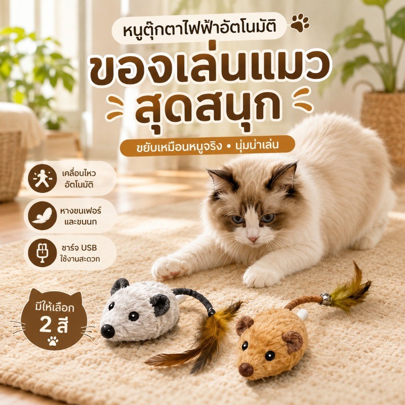 หนูตุ๊กตาพลาสติกไฟฟ้าจำลอง สำหรับแมว เล่นเองคลายเบื่อ ของเล่นแมวพร้อมหางขนและขนนก ชาร์จ USB