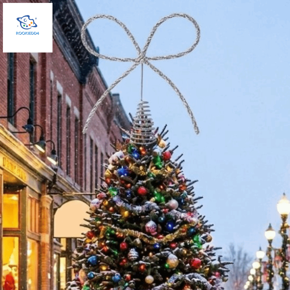 ROOKIEDD4 Christmas Tree Topper, Glitter Bow Shaped Bow Tree Topper, แบบดั้งเดิมความงามโลหะหรูหรา Xm