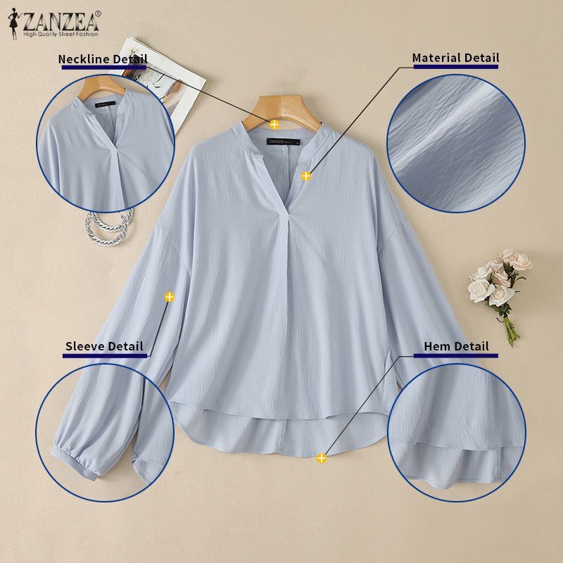 ZANZEA เสื้อเบลาส์คอวีแขนยาวสูงเกาหลีสําหรับผู้หญิง — صورة 7