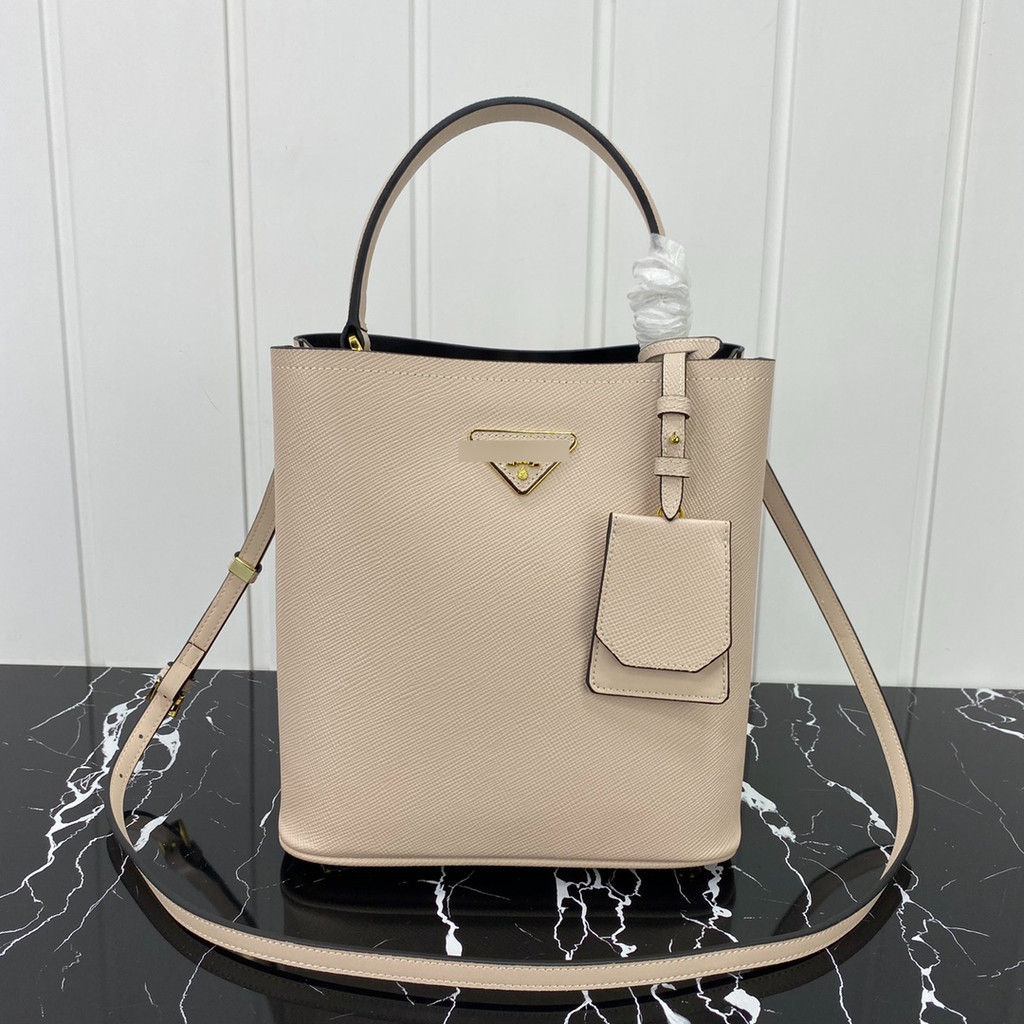 Beige Saffiano Leather Bucket Tote Bag Top Handle Crossbody Shoulder Handbag Gold Hardware