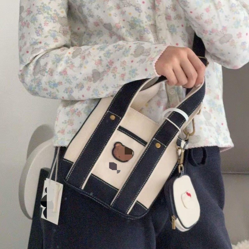 【Ready stock】TWO Little Bear Color Block Canvas Tote Bag