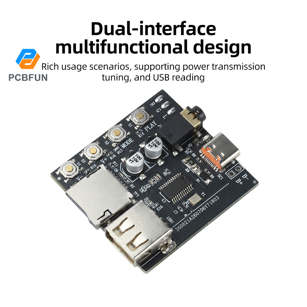 Pcbfun DC 5V BT 6.0 MP3 บอร์ดถอดรหัสเสียงโมดูลรับสัญญาณเสียงรองรับ AAC รองรับการปรับแต่งออนไลน์ Type-C
